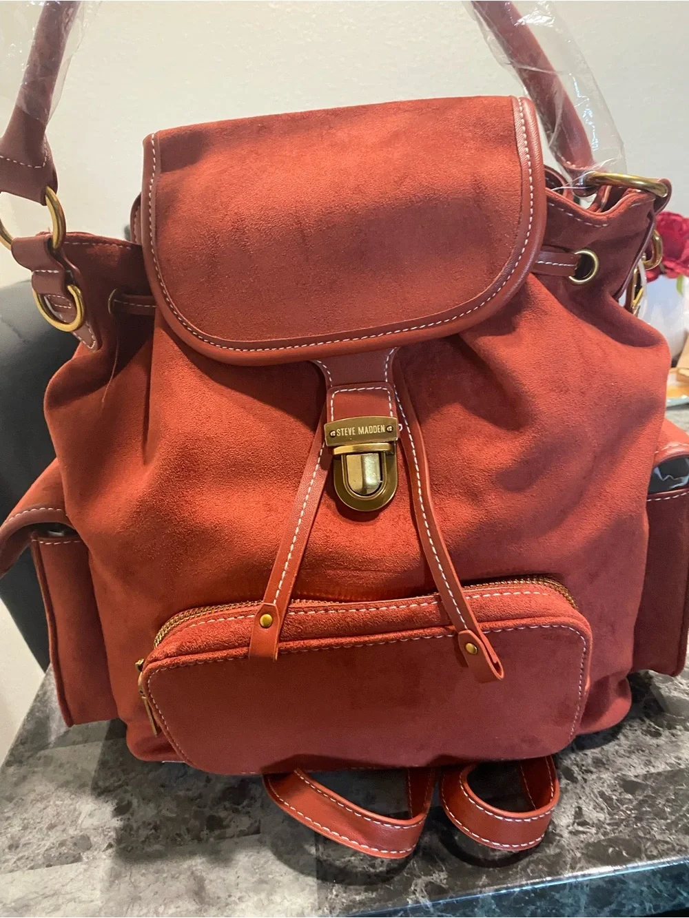Steve Madden Burnt Orange Suede Drawstring Backpack